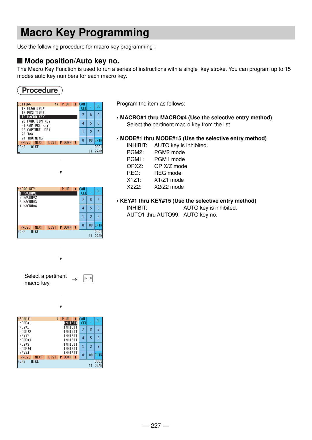 Sharp UP-820N Macro Key Programming, Mode position/Auto key no, 227, KEY#1 thru KEY#15 Use the selective entry method 