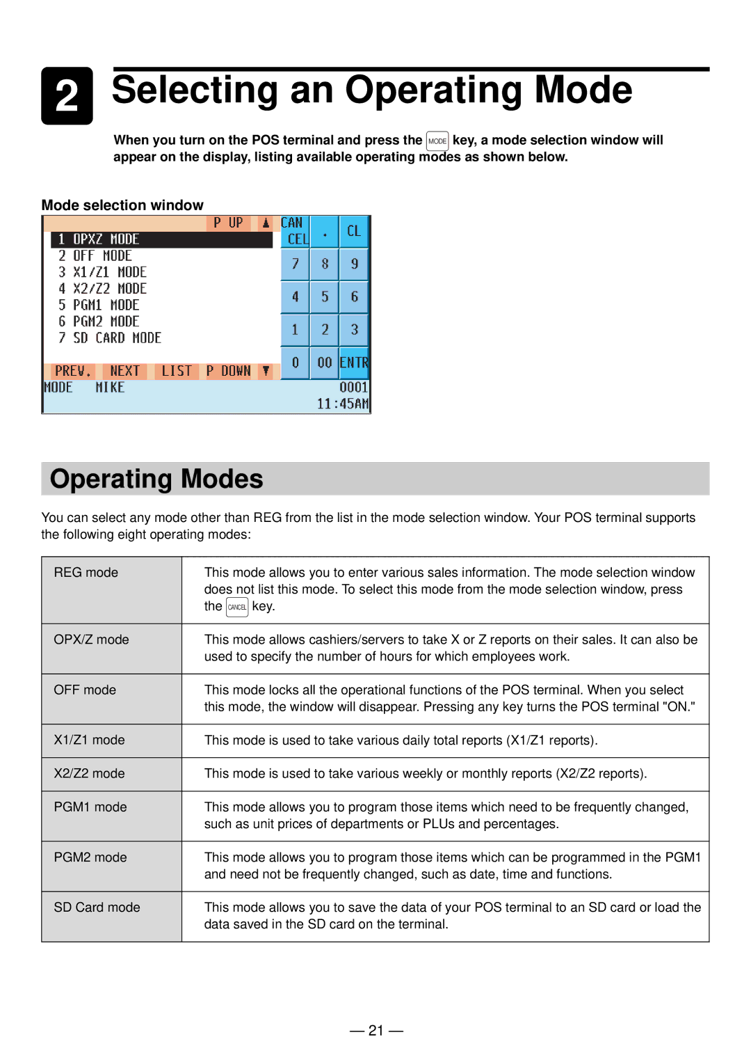 Sharp UP-820N manual Selecting an Operating Mode, Operating Modes 