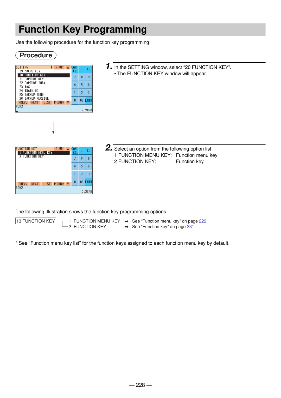 Sharp UP-820N manual Function Key Programming, 228 