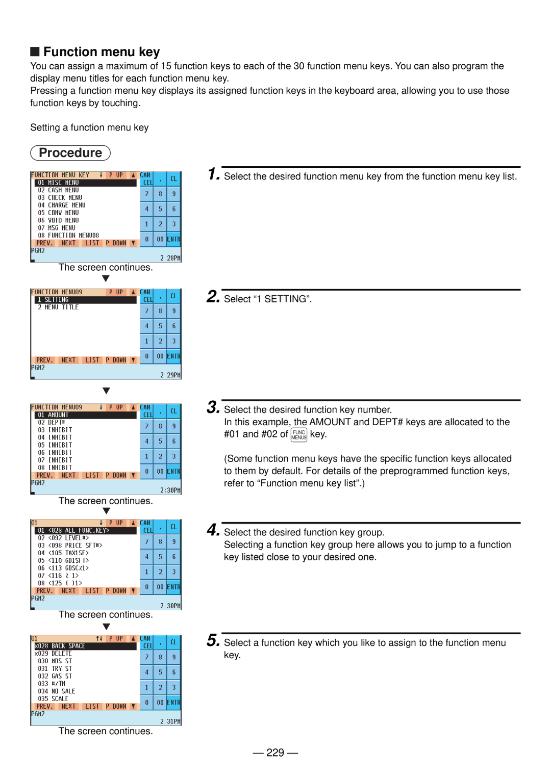 Sharp UP-820N manual Function menu key, 229 