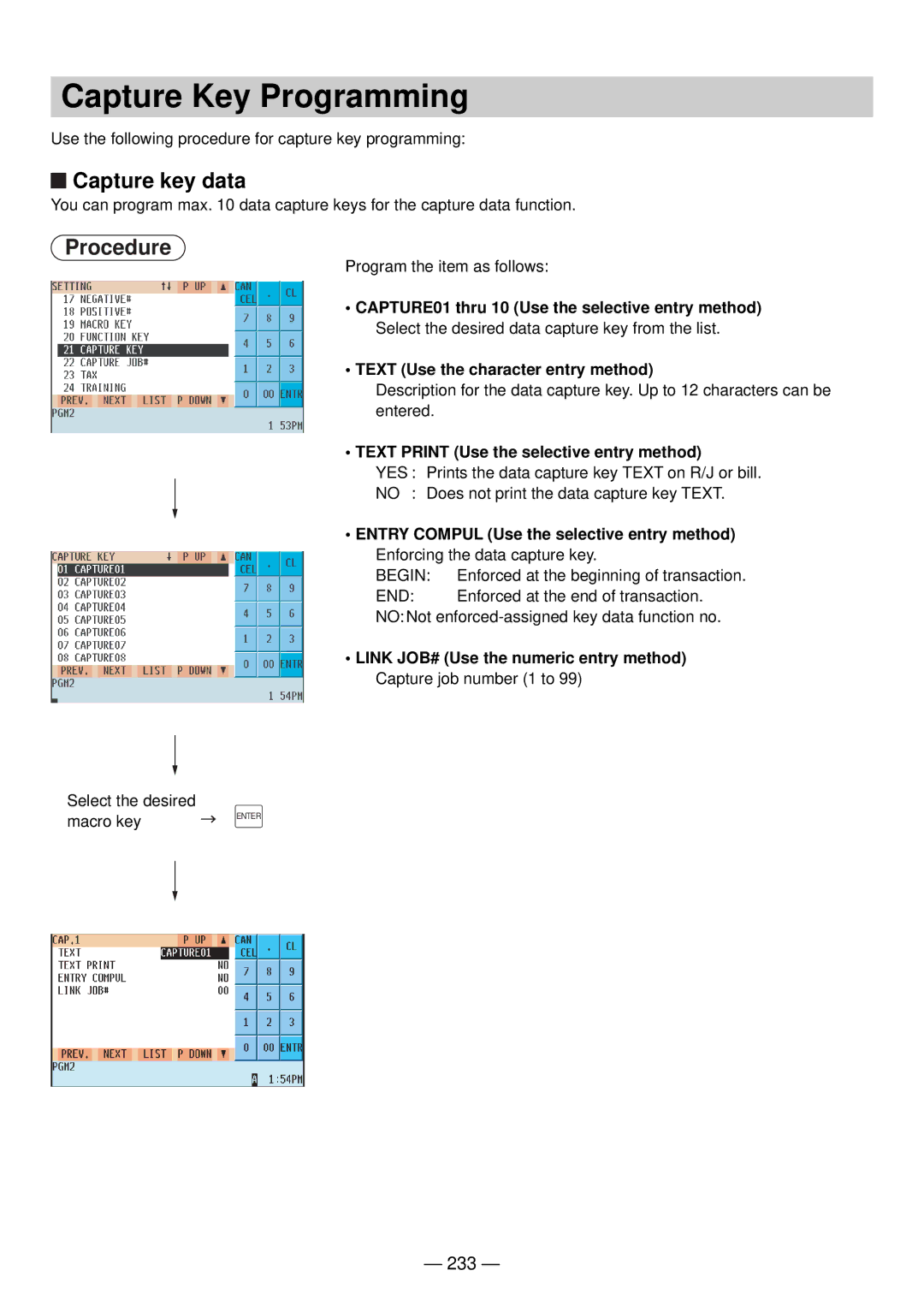 Sharp UP-820N manual Capture Key Programming, Capture key data, 233, Text Print Use the selective entry method 