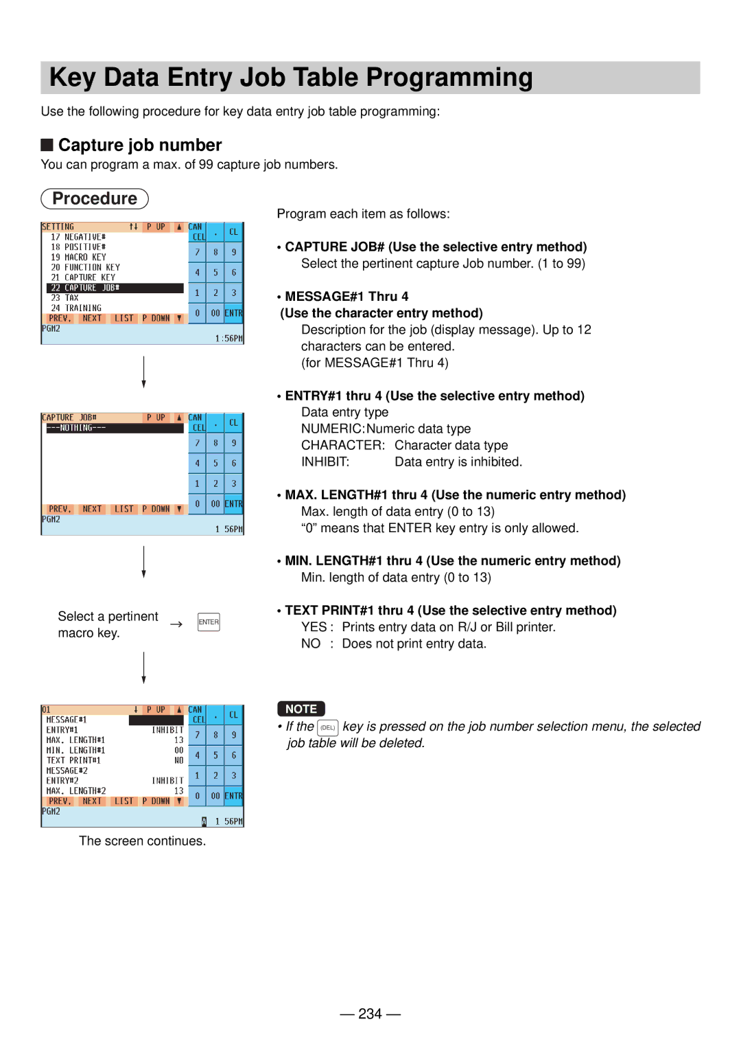 Sharp UP-820N Key Data Entry Job Table Programming, Capture job number, 234, MESSAGE#1 Thru Use the character entry method 