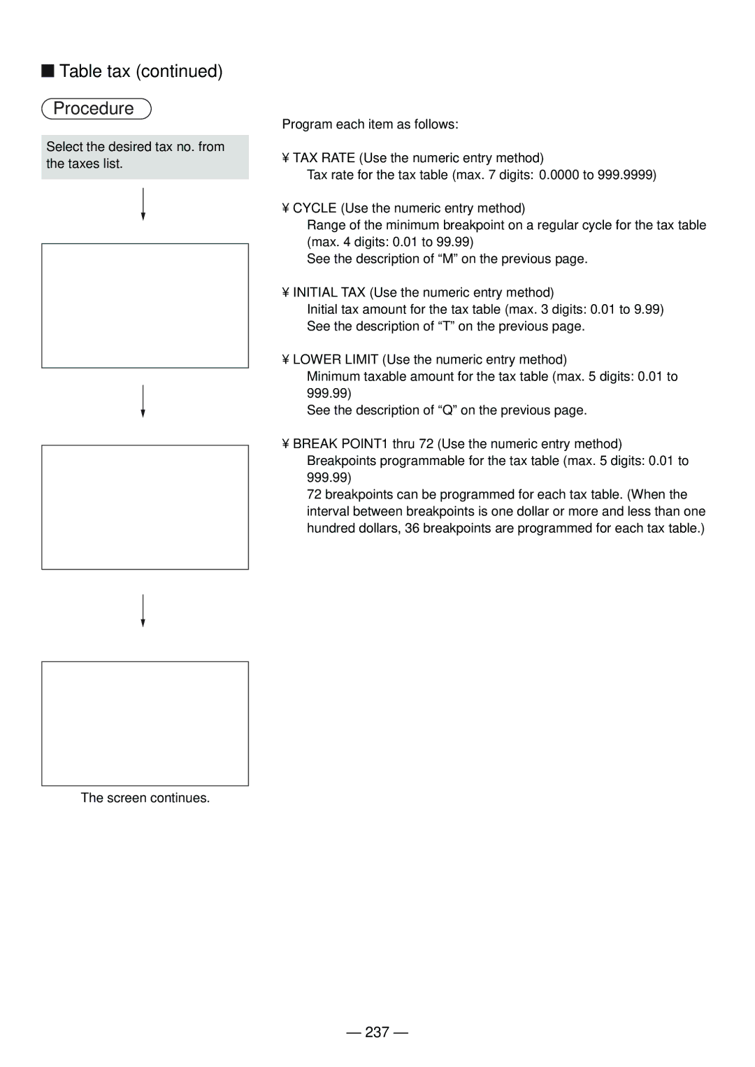 Sharp UP-820N manual 237, TAX Rate Use the numeric entry method, Cycle Use the numeric entry method 