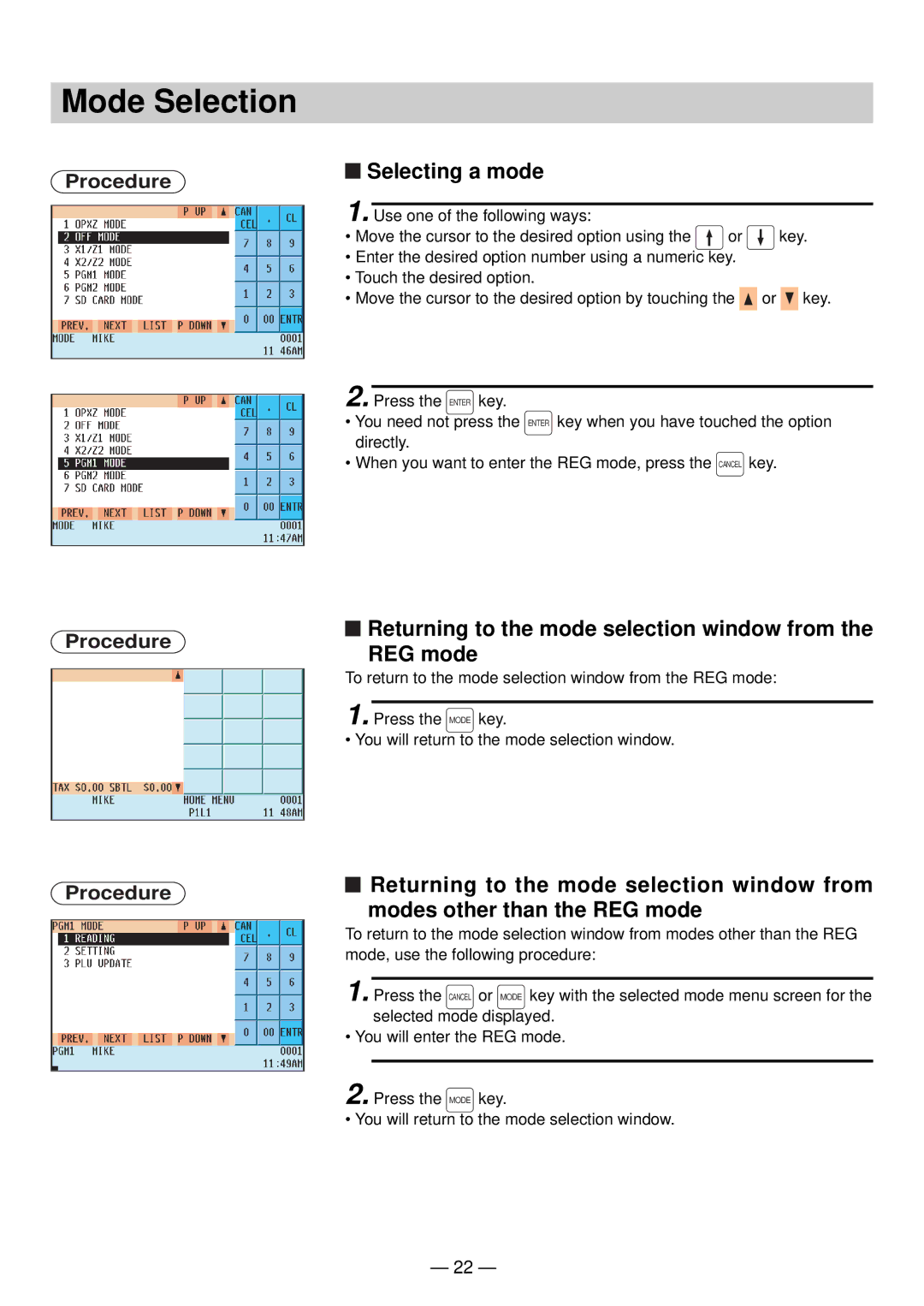 Sharp UP-820N manual Mode Selection, Selecting a mode, Returning to the mode selection window from the REG mode 