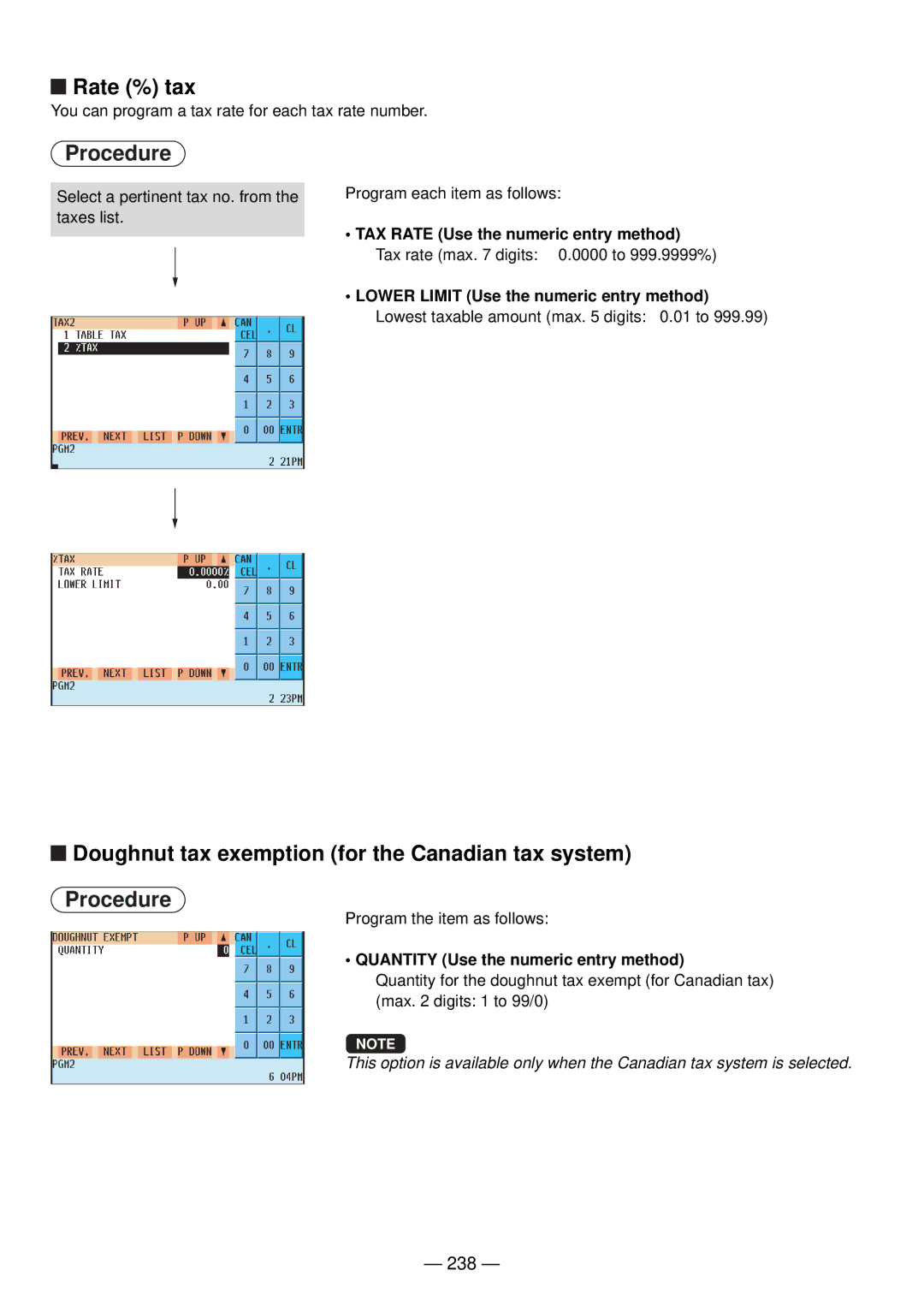 Sharp UP-820N Rate % tax, Doughnut tax exemption for the Canadian tax system, 238, Quantity Use the numeric entry method 