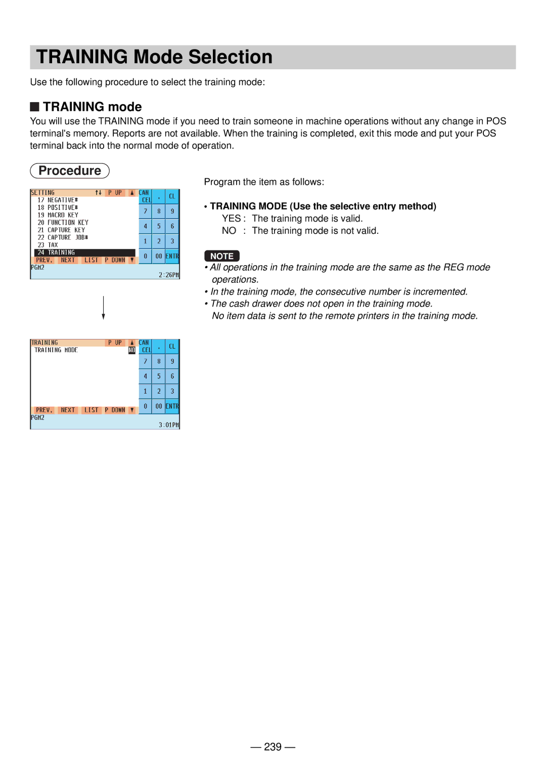 Sharp UP-820N manual Training Mode Selection, Training mode, 239 