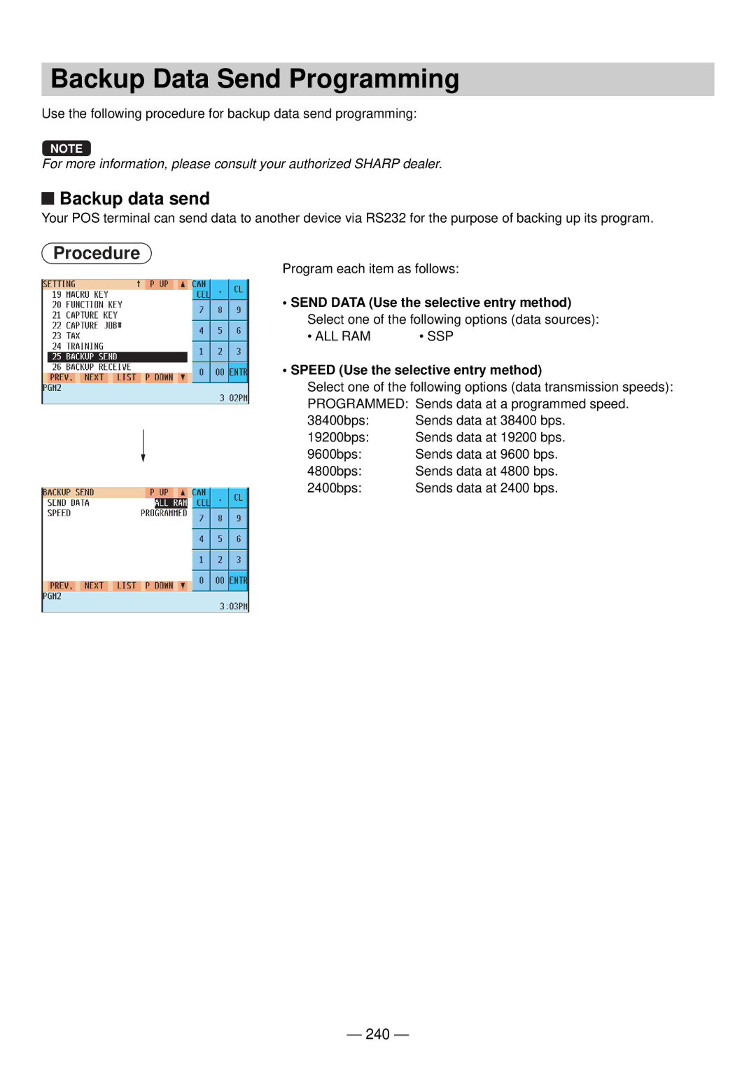 Sharp UP-820N manual Backup Data Send Programming, Backup data send, 240, Speed Use the selective entry method 