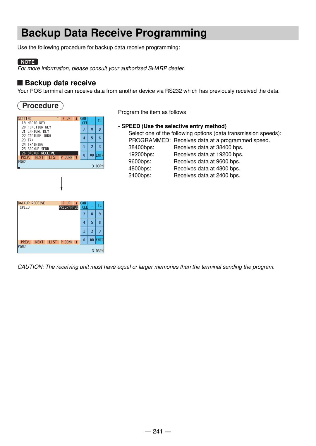 Sharp UP-820N manual Backup Data Receive Programming, Backup data receive, 241 