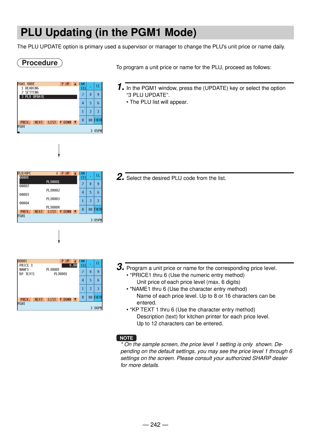 Sharp UP-820N manual PLU Updating in the PGM1 Mode, 242 