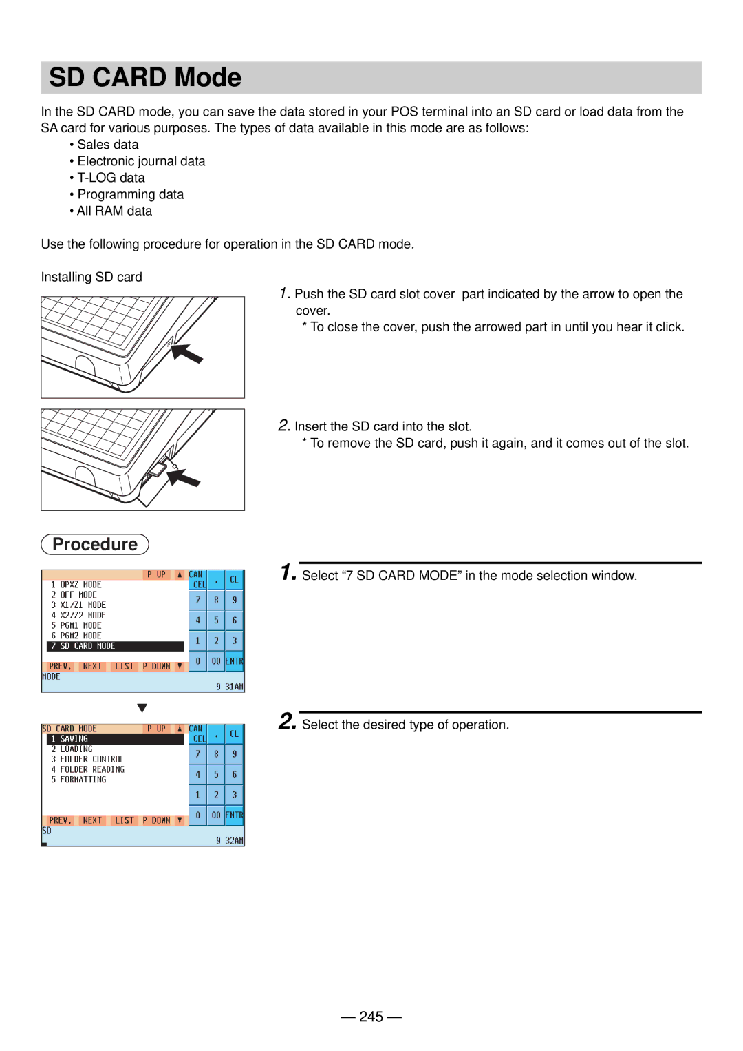 Sharp UP-820N manual SD Card Mode, 245 