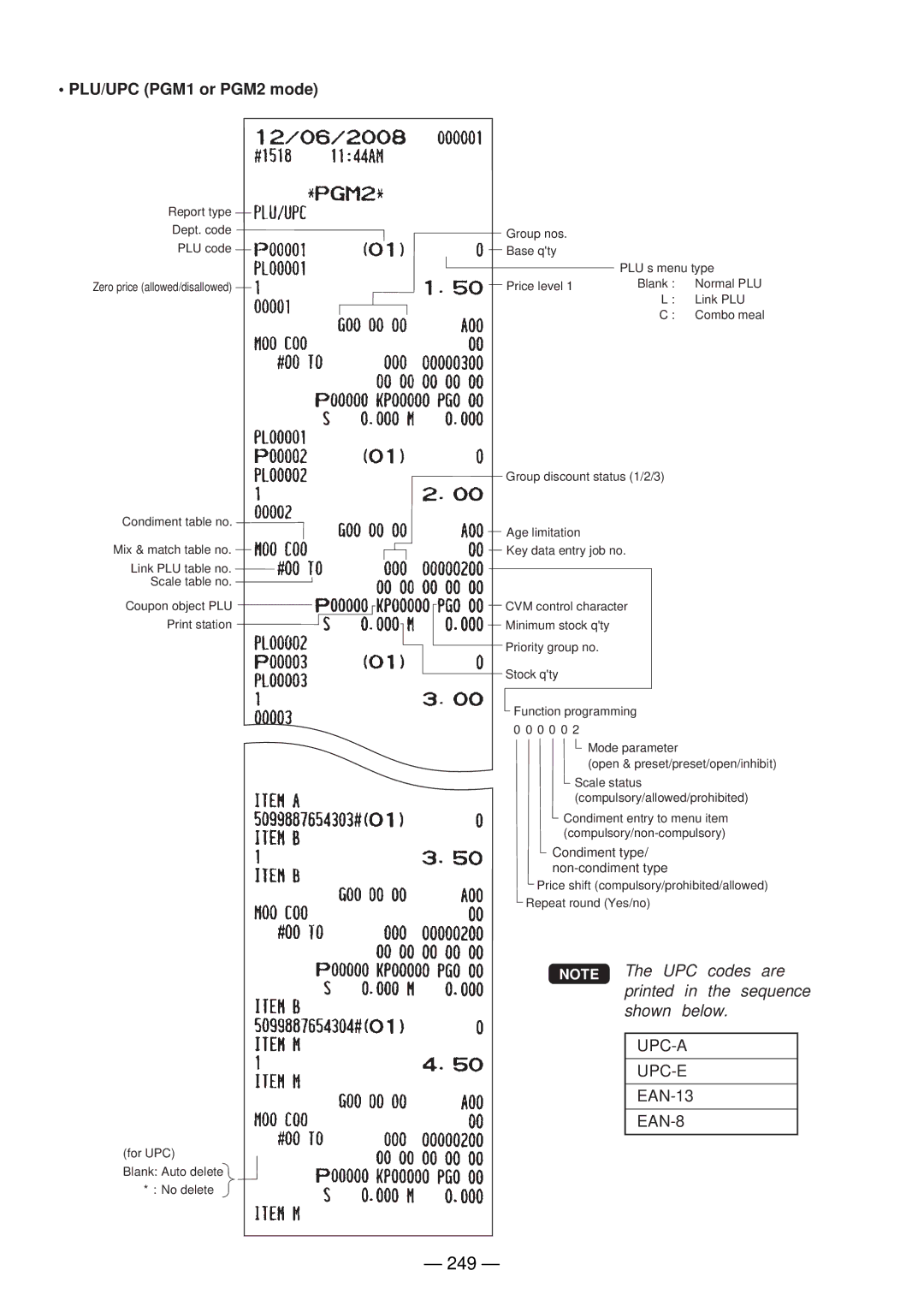 Sharp UP-820N manual 249, PLU/UPC PGM1 or PGM2 mode 