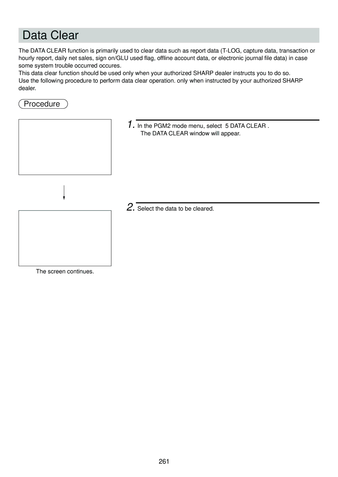 Sharp UP-820N manual Data Clear, 261 