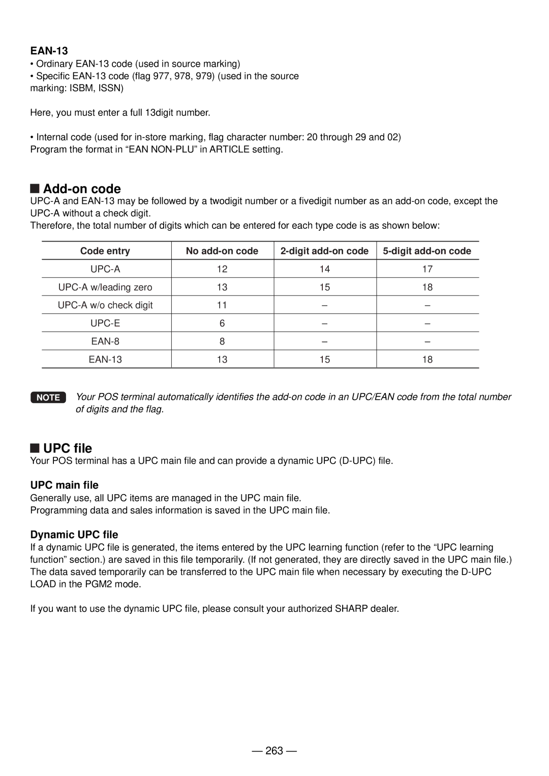 Sharp UP-820N manual Add-on code, UPC file, 263 