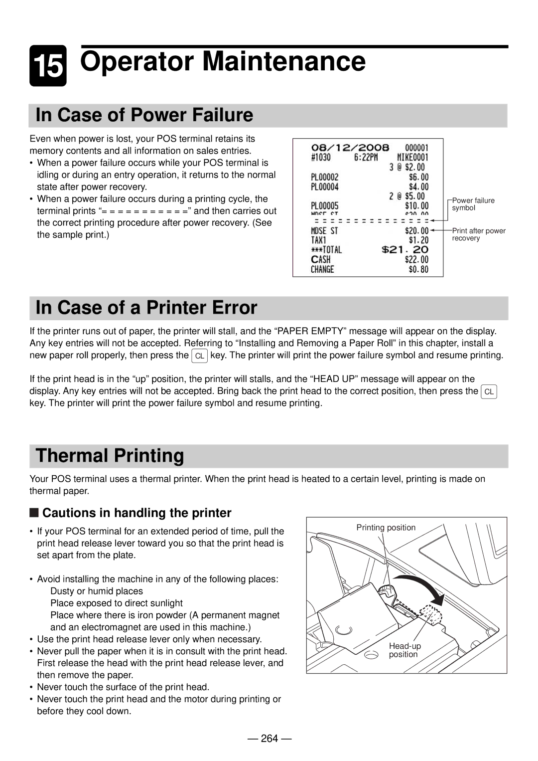 Sharp UP-820N manual Case of Power Failure, Case of a Printer Error, Thermal Printing, 264 