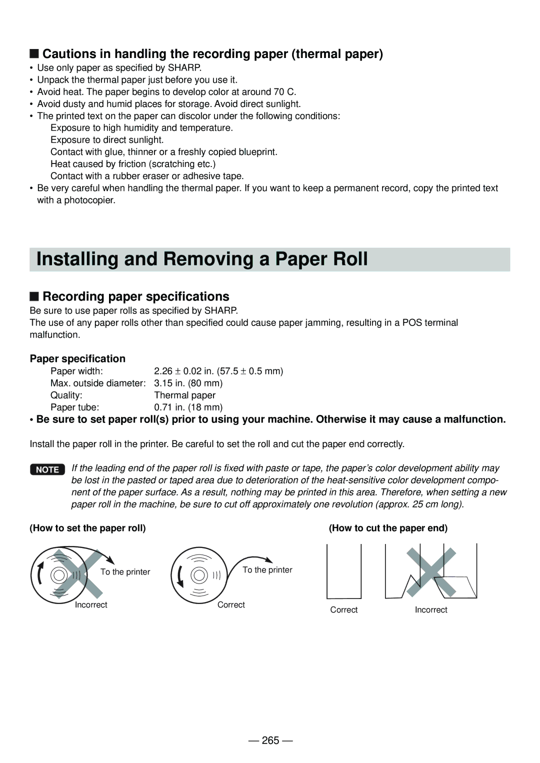 Sharp UP-820N manual Installing and Removing a Paper Roll, Recording paper specifications, 265 