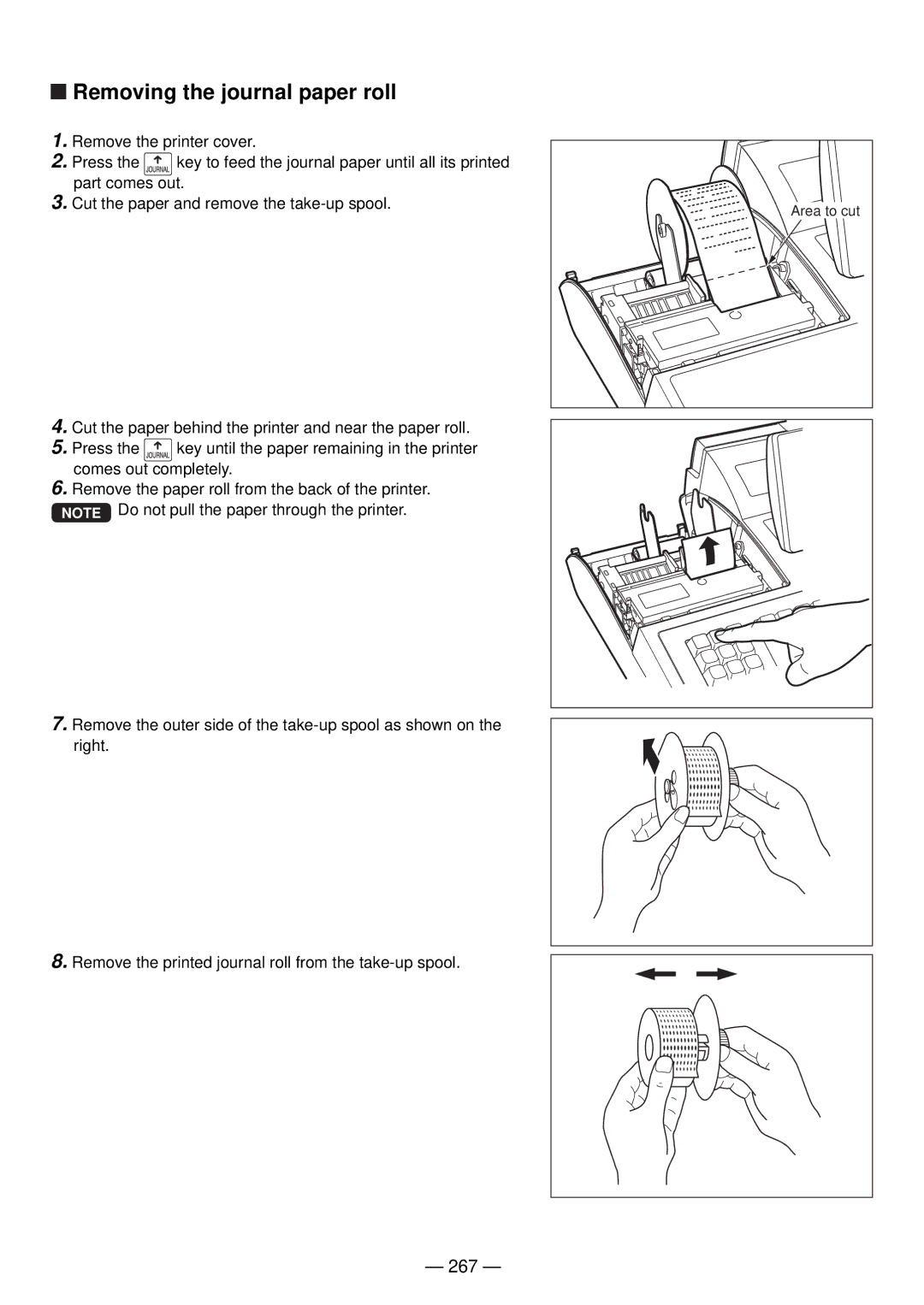 Sharp UP-820N manual Removing the journal paper roll, 267 