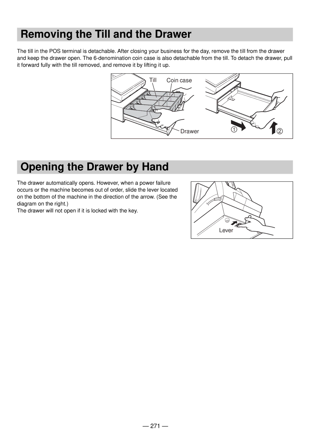 Sharp UP-820N manual Removing the Till and the Drawer, Opening the Drawer by Hand, 271 