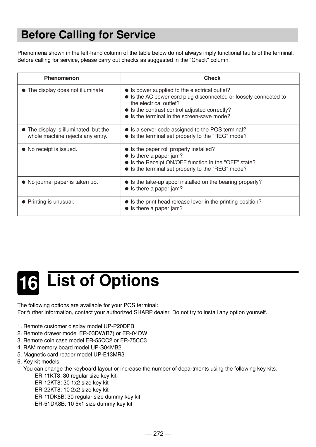 Sharp UP-820N manual Before Calling for Service, 272 