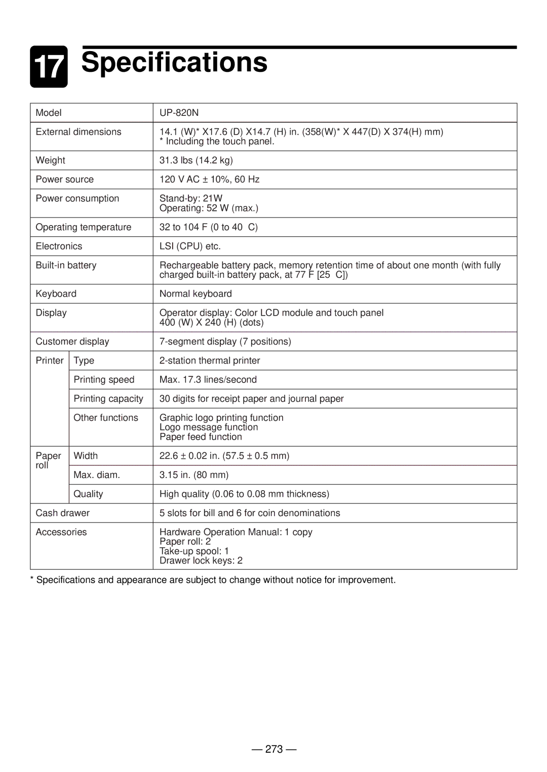 Sharp UP-820N manual Specifications, 273 