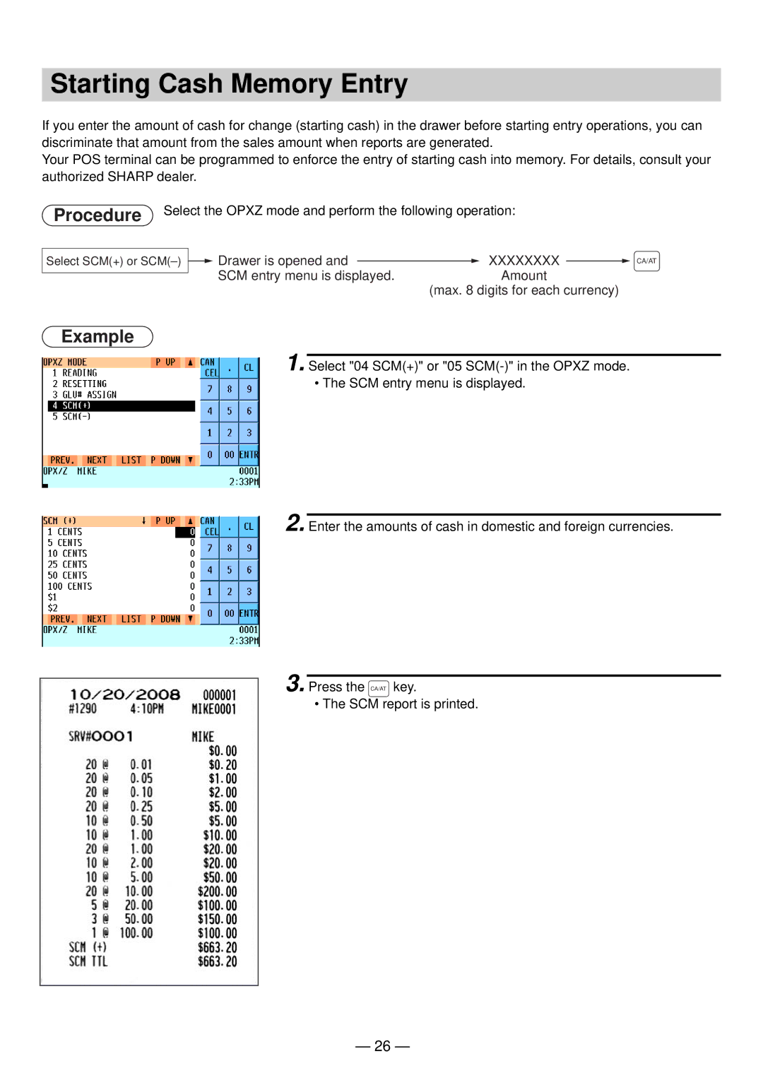 Sharp UP-820N manual Starting Cash Memory Entry, Example 