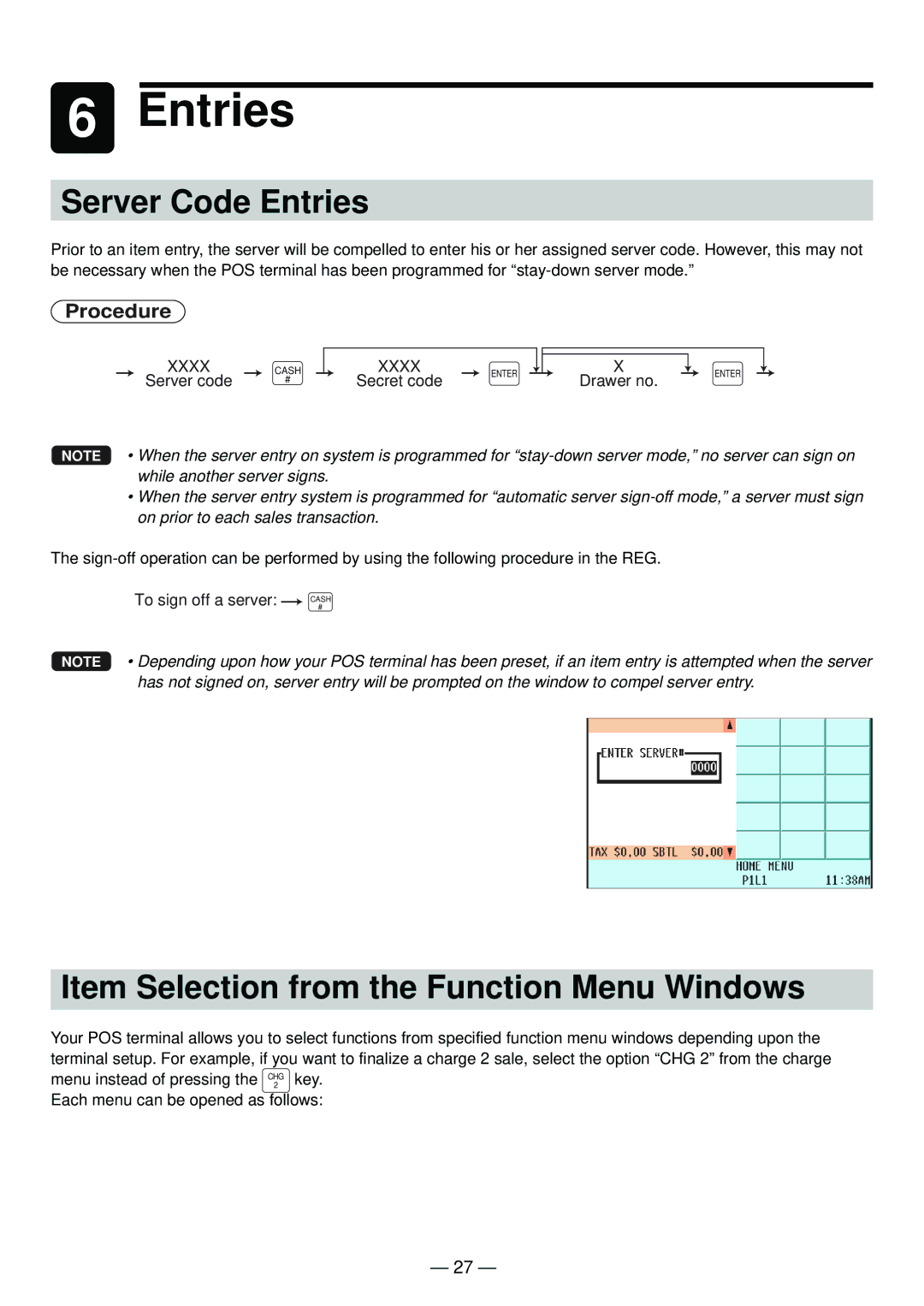 Sharp UP-820N manual Server Code Entries, Item Selection from the Function Menu Windows 