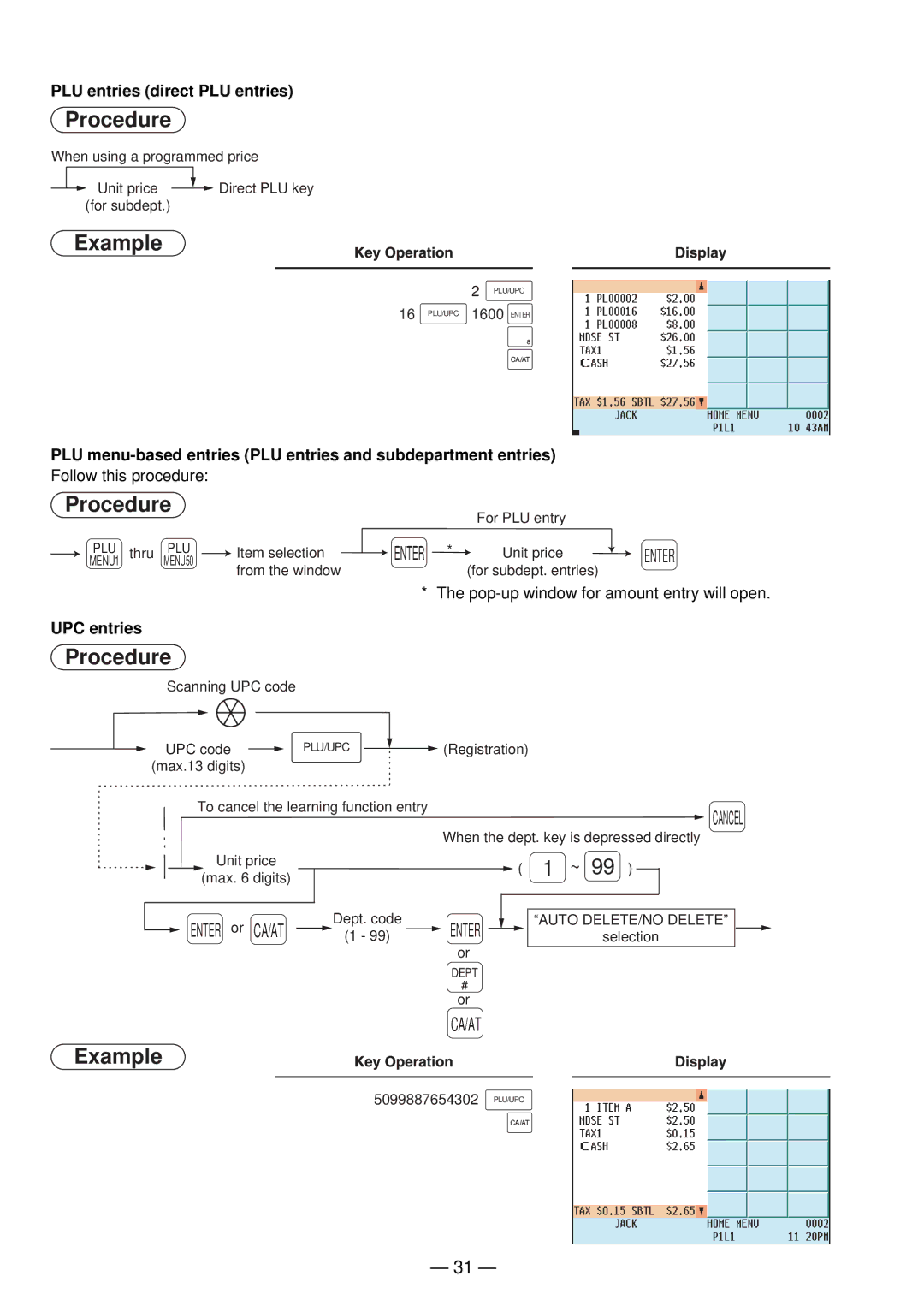 Sharp UP-820N manual PLU entries direct PLU entries, UPC entries 