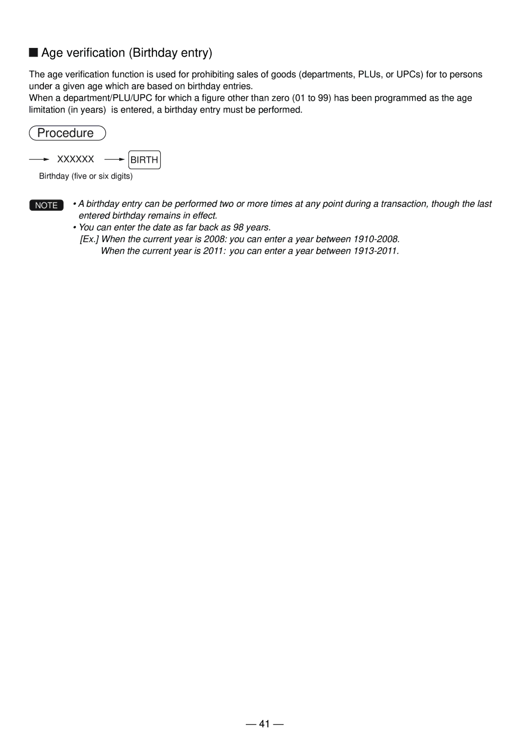 Sharp UP-820N manual Age verification Birthday entry, You can enter the date as far back as 98 years 