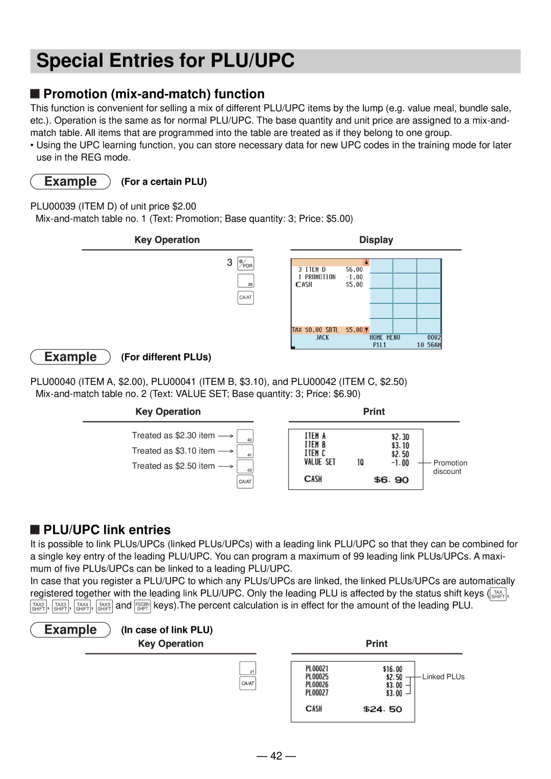 Sharp UP-820N manual Special Entries for PLU/UPC, Promotion mix-and-match function, PLU/UPC link entries 