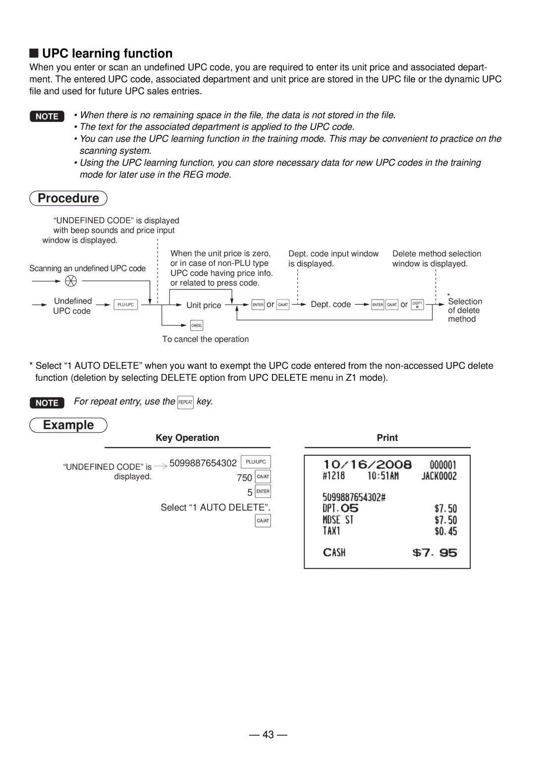 Sharp UP-820N manual UPC learning function 