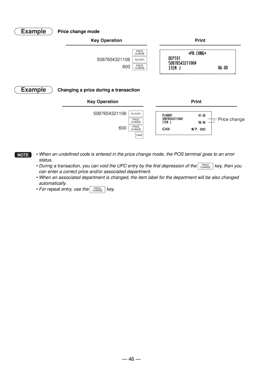 Sharp UP-820N manual Example Price change mode, Example Changing a price during a transaction 