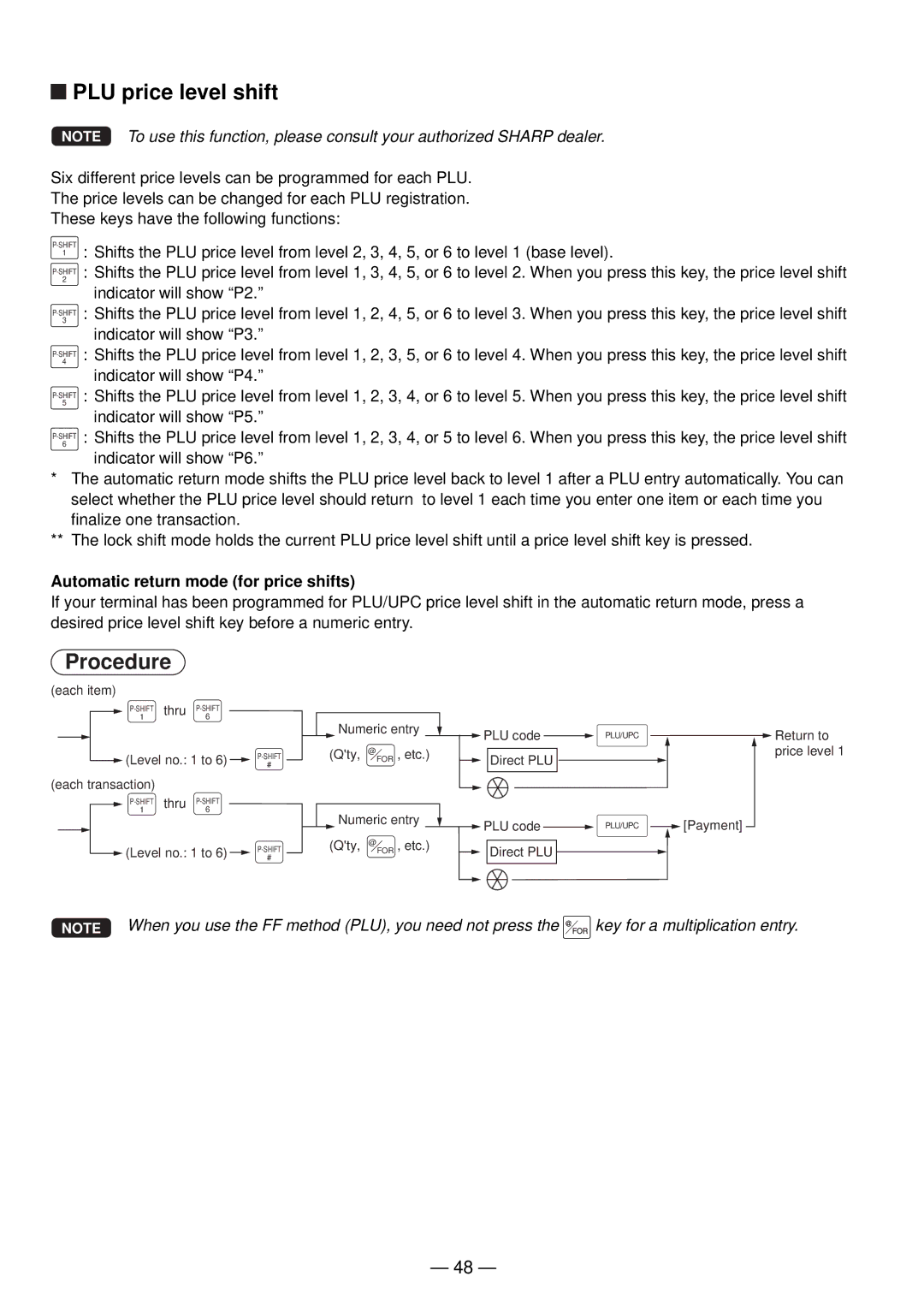 Sharp UP-820N manual PLU price level shift, Automatic return mode for price shifts 