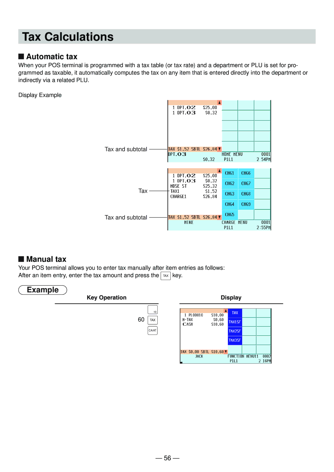 Sharp UP-820N manual Tax Calculations, Automatic tax, Manual tax 