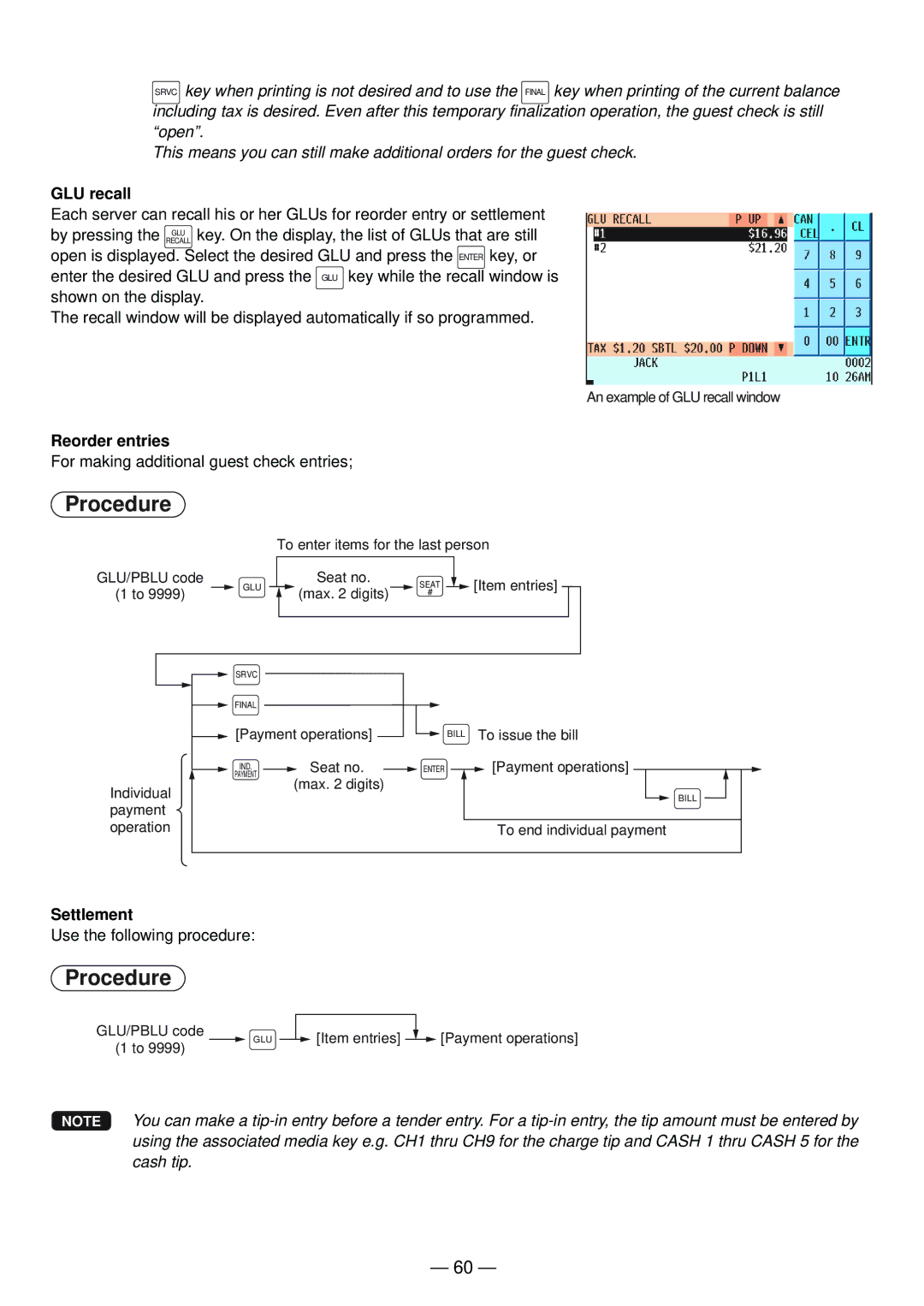 Sharp UP-820N manual GLU recall, Reorder entries, Settlement 