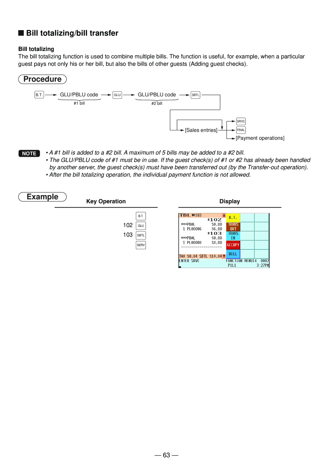 Sharp UP-820N manual Bill totalizing/bill transfer 