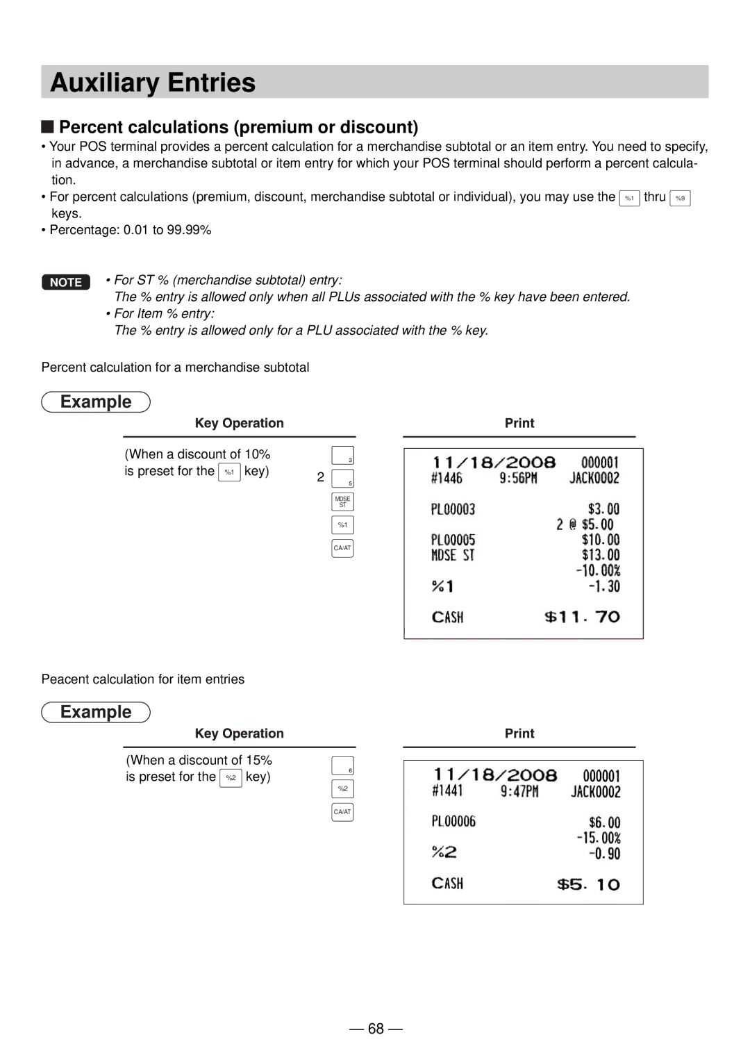 Sharp UP-820N manual Auxiliary Entries, Percent calculations premium or discount 