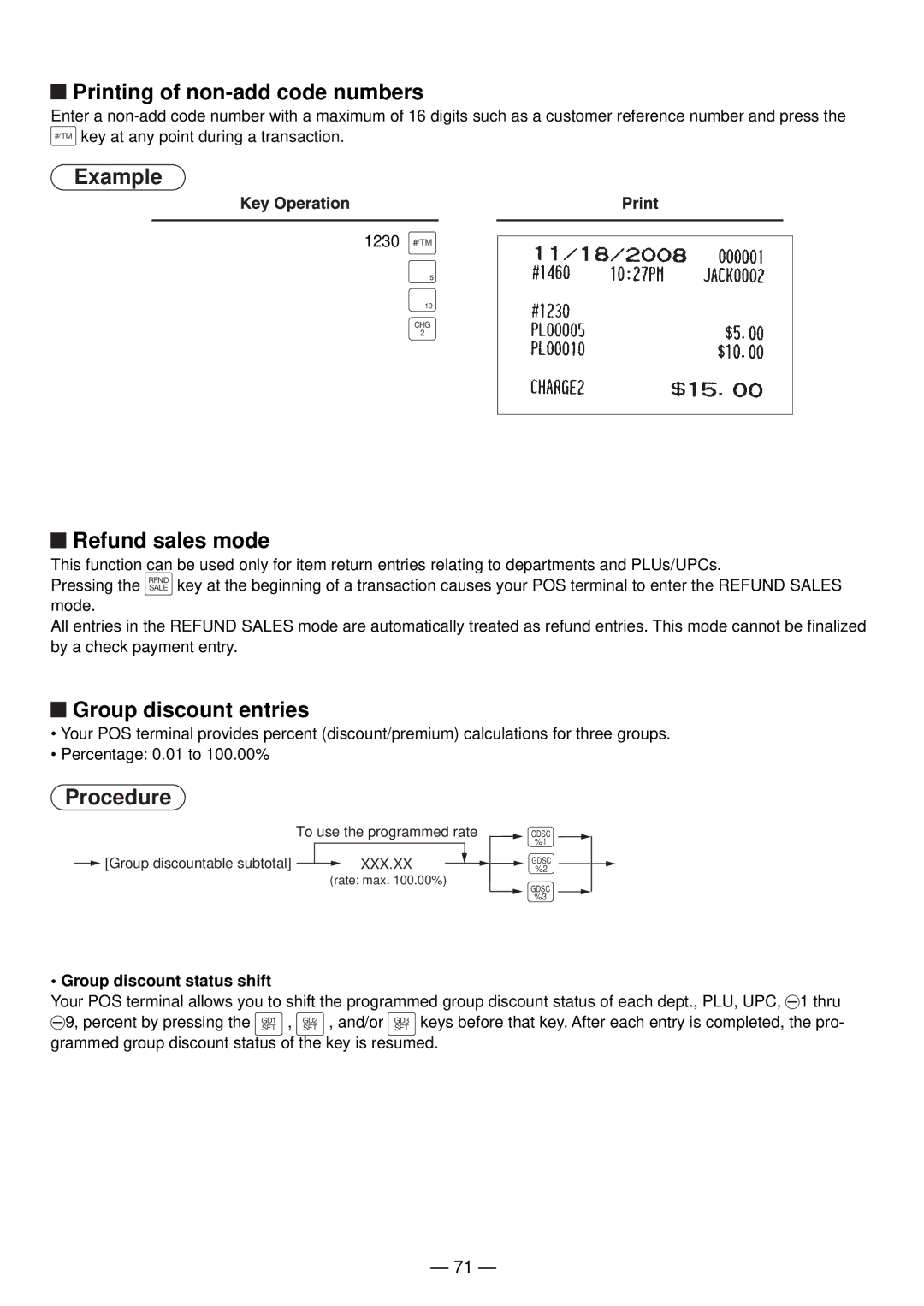 Sharp UP-820N Printing of non-add code numbers, Refund sales mode, Group discount entries, Group discount status shift 