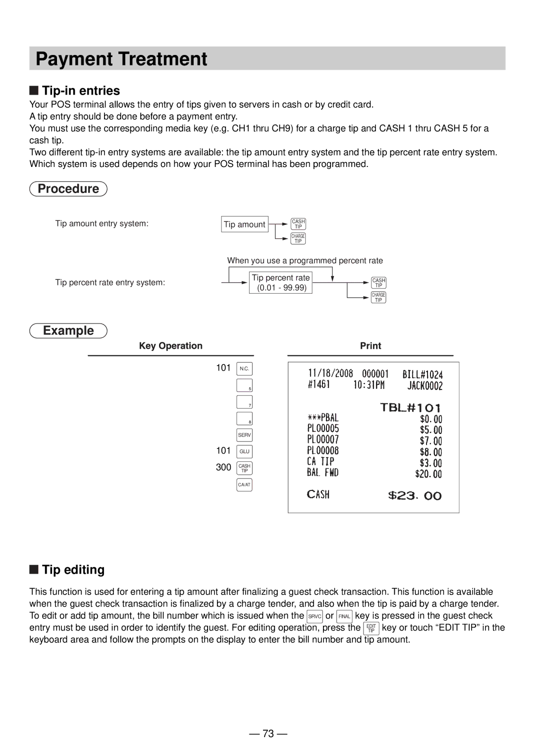 Sharp UP-820N manual Payment Treatment, Tip-in entries, Tip editing 