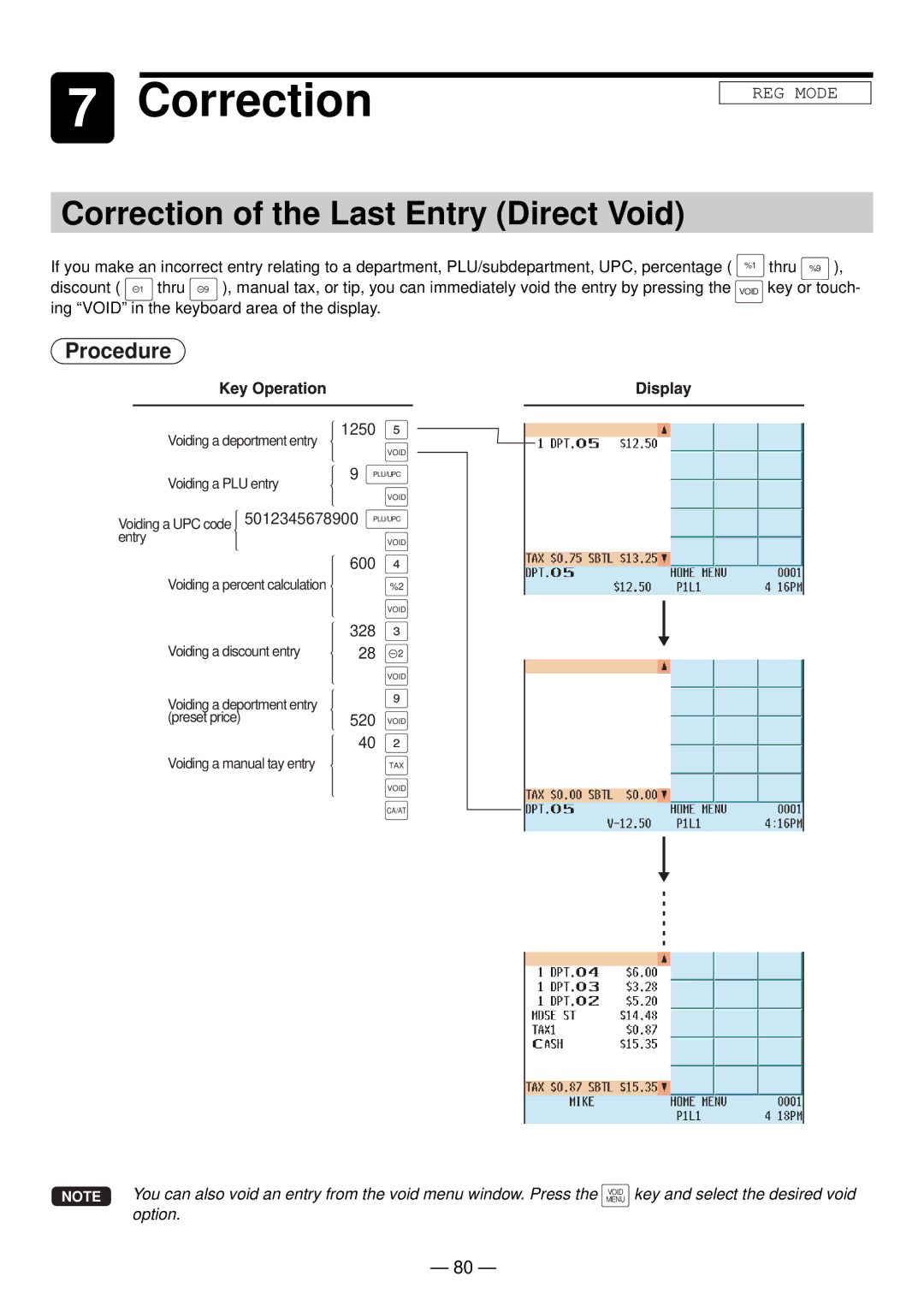 Sharp UP-820N manual Correction of the Last Entry Direct Void 