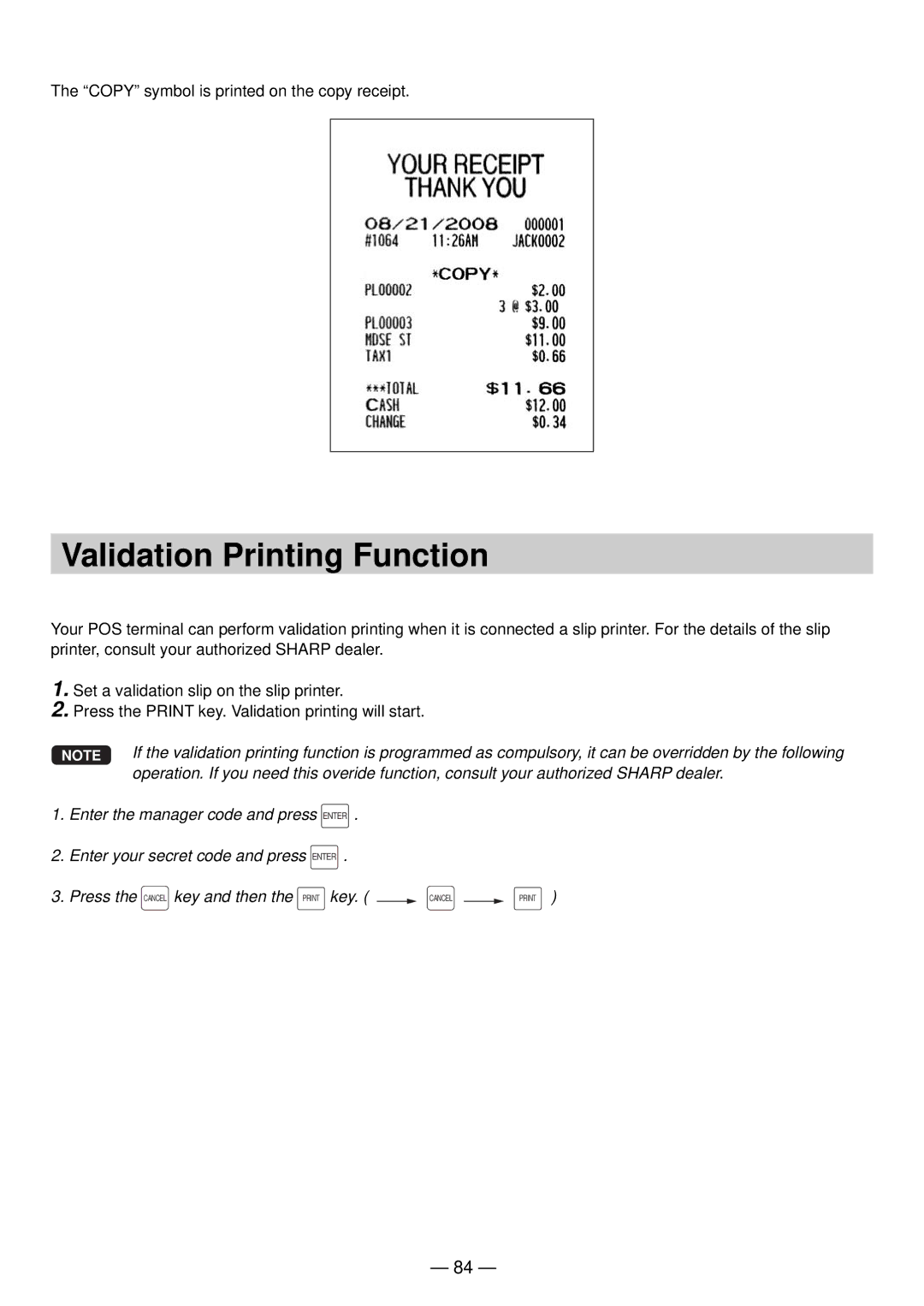 Sharp UP-820N manual Validation Printing Function 