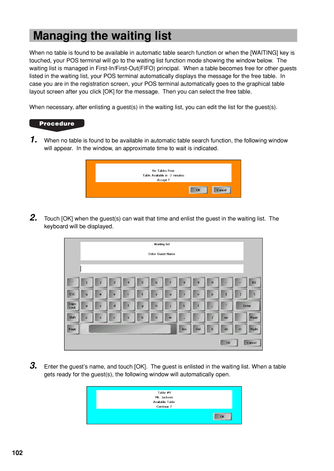 Sharp UP-X300 instruction manual Managing the waiting list, 102 