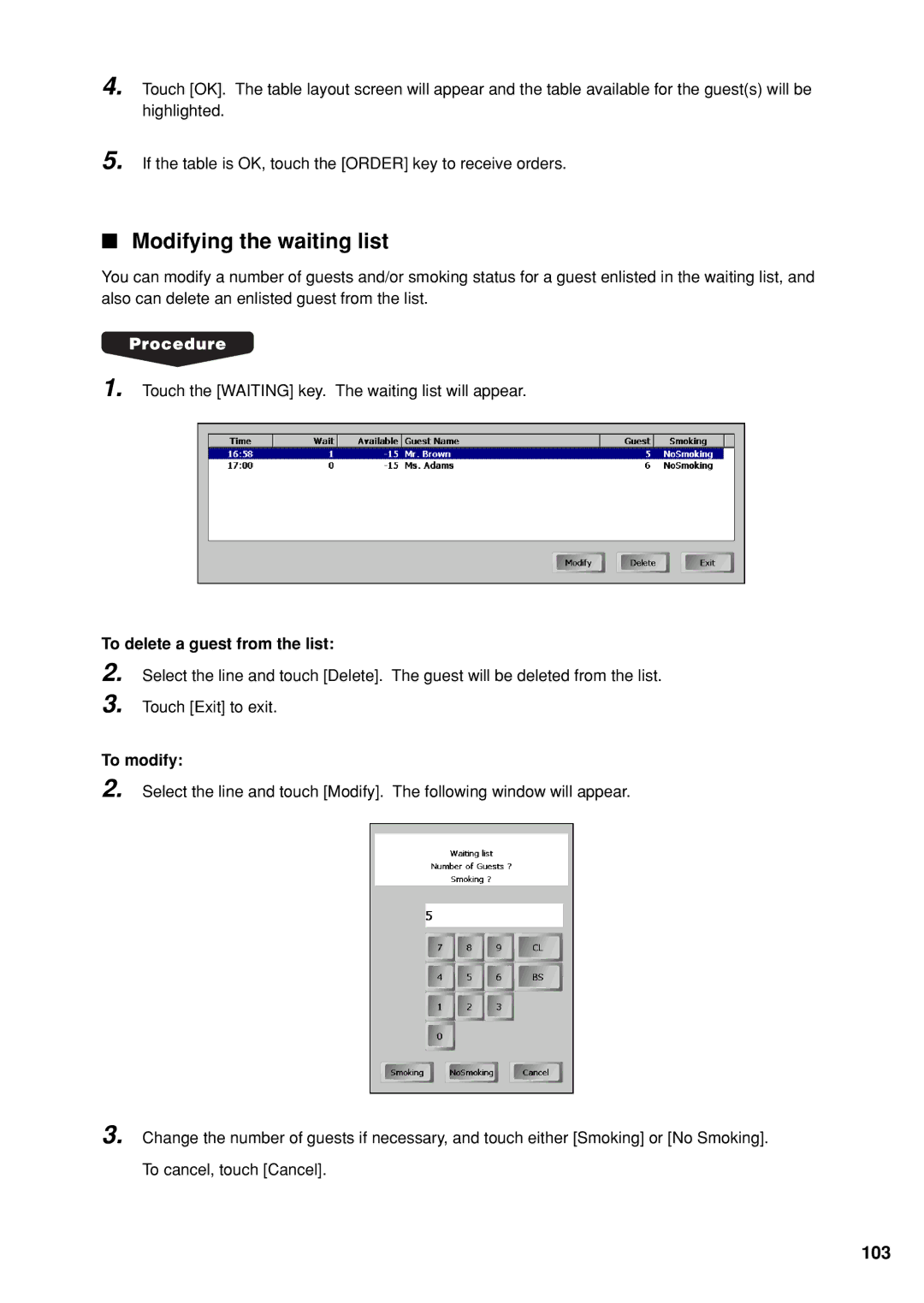 Sharp UP-X300 instruction manual Modifying the waiting list, 103, To delete a guest from the list, To modify 