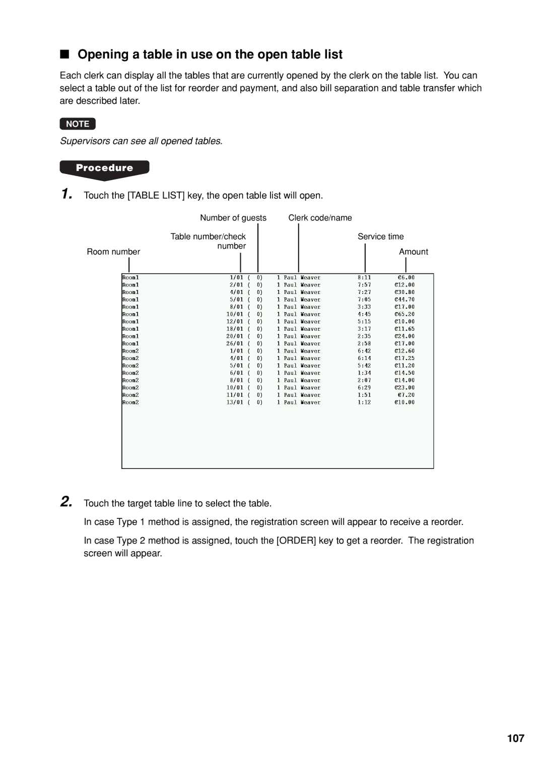 Sharp UP-X300 instruction manual Opening a table in use on the open table list, 107 