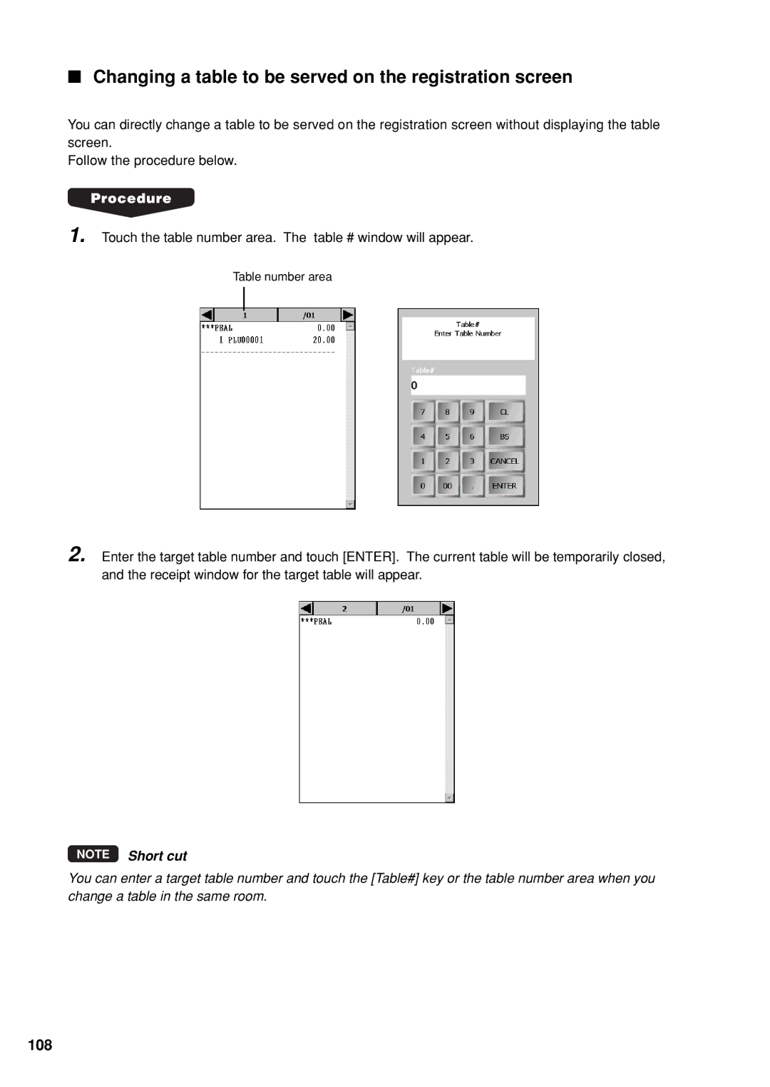 Sharp UP-X300 instruction manual Changing a table to be served on the registration screen, 108 