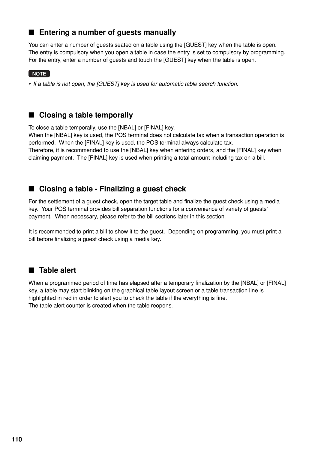 Sharp UP-X300 Entering a number of guests manually, Closing a table temporally, Closing a table Finalizing a guest check 