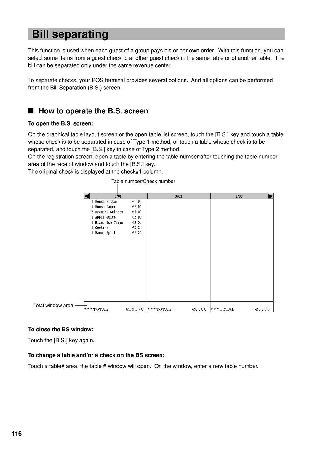 Sharp UP-X300 instruction manual Bill separating, How to operate the B.S. screen, 116 