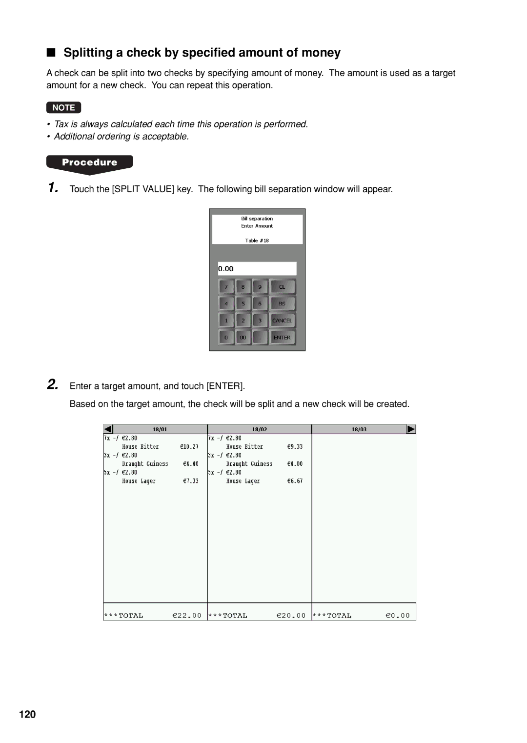 Sharp UP-X300 instruction manual Splitting a check by specified amount of money, 120 