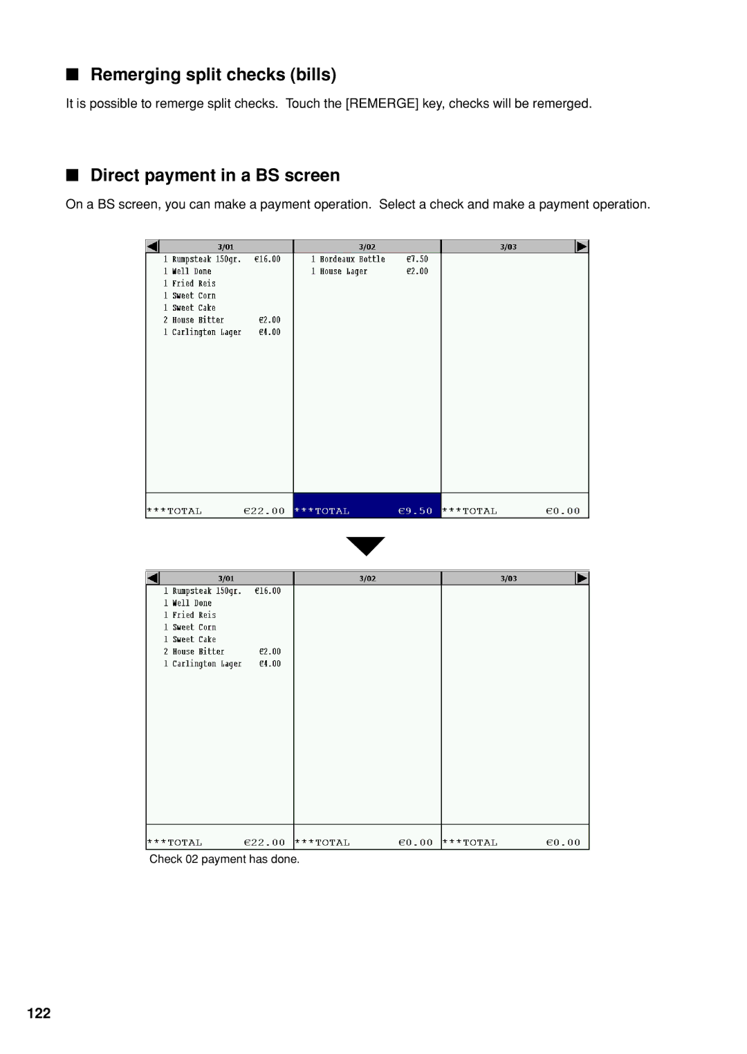 Sharp UP-X300 instruction manual Remerging split checks bills, Direct payment in a BS screen, 122 