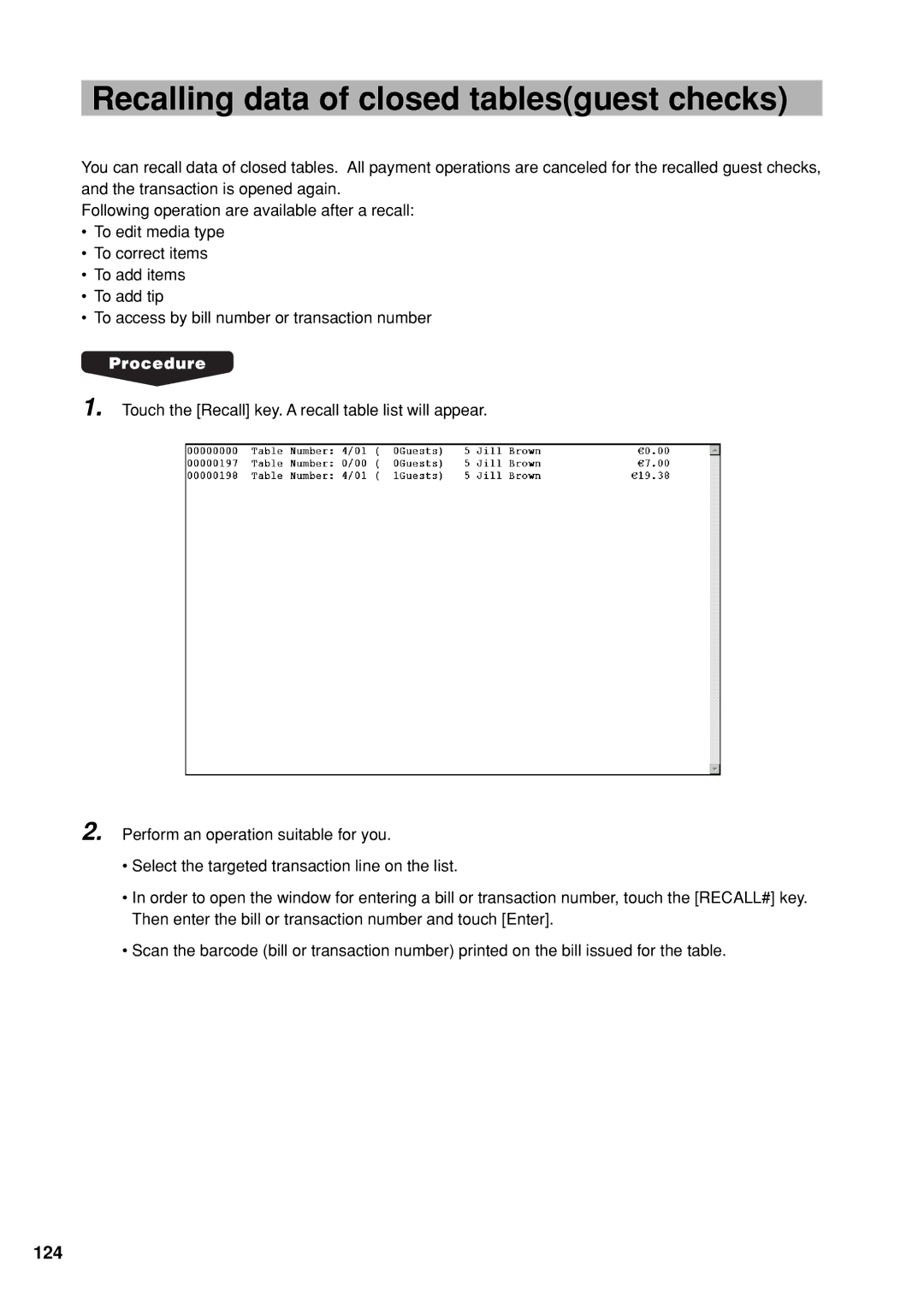 Sharp UP-X300 instruction manual Recalling data of closed tablesguest checks, 124 