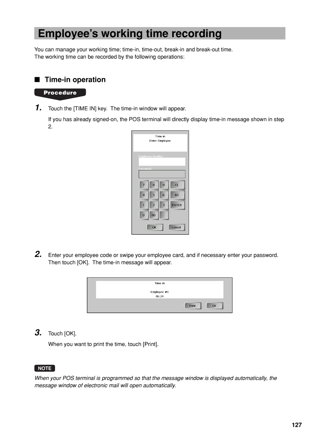 Sharp UP-X300 instruction manual Employee’s working time recording, Time-in operation, 127 