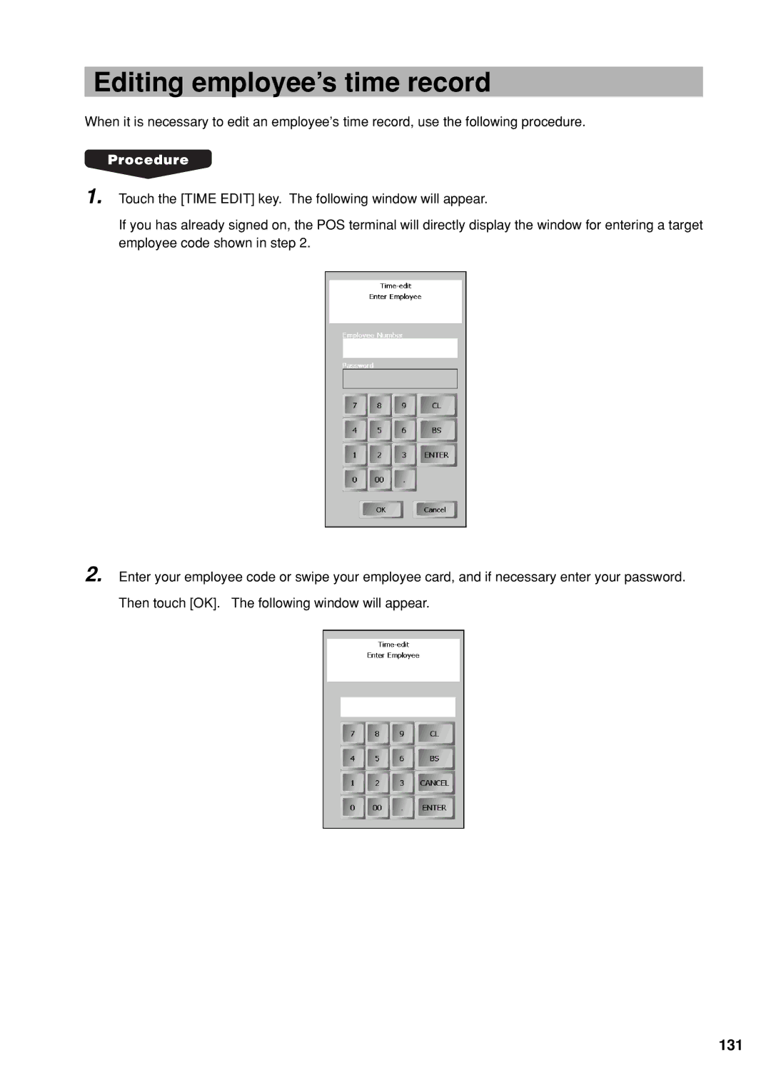 Sharp UP-X300 instruction manual Editing employee’s time record, 131 